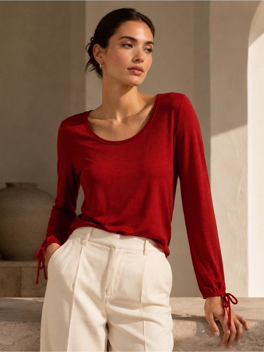 Massimo Dutti Red Knit Top Women M Tie Cuff Long Sleeve Scoop Neck lightweight